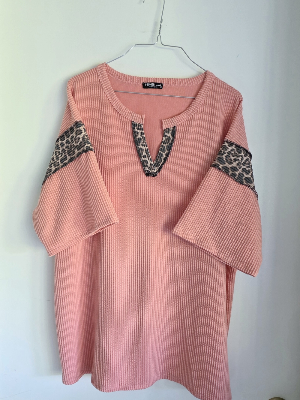 HEIMISH USA Coral Pink Ribbed Tunic with Leopard Accents